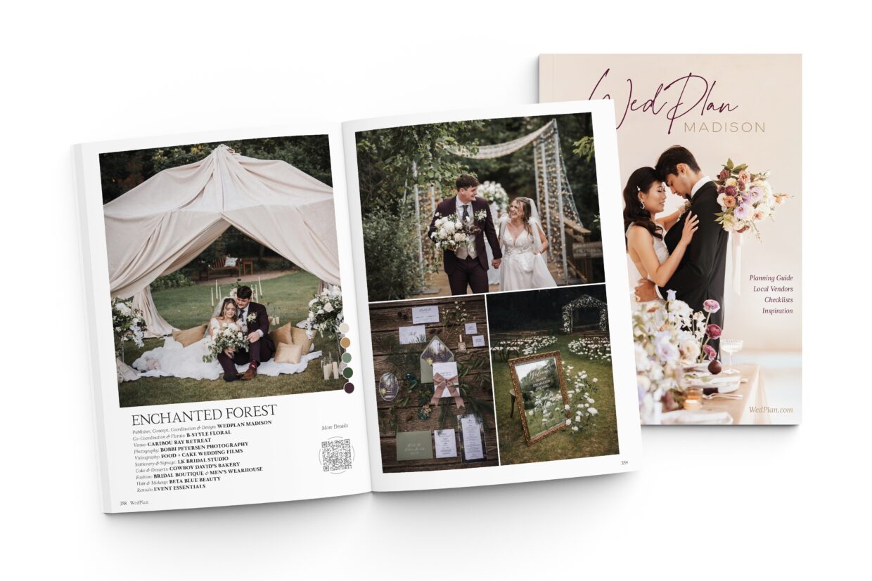 photoshoot magazine spread for Caribou Bay in WedPlan Madison