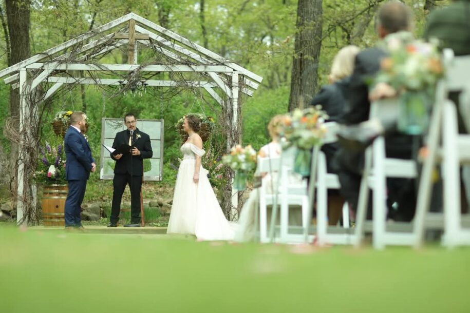 Intimate outdoor chapel nestled among towering pines