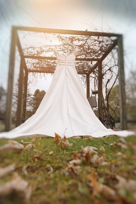 Central Wisconsin wedding venue near Oshkosh at Caribou Bay Retreat – an ivory wedding gown hanging under a rustic vine-covered wooden arbor, photographed from a low angle with leaves scattered on the grass.