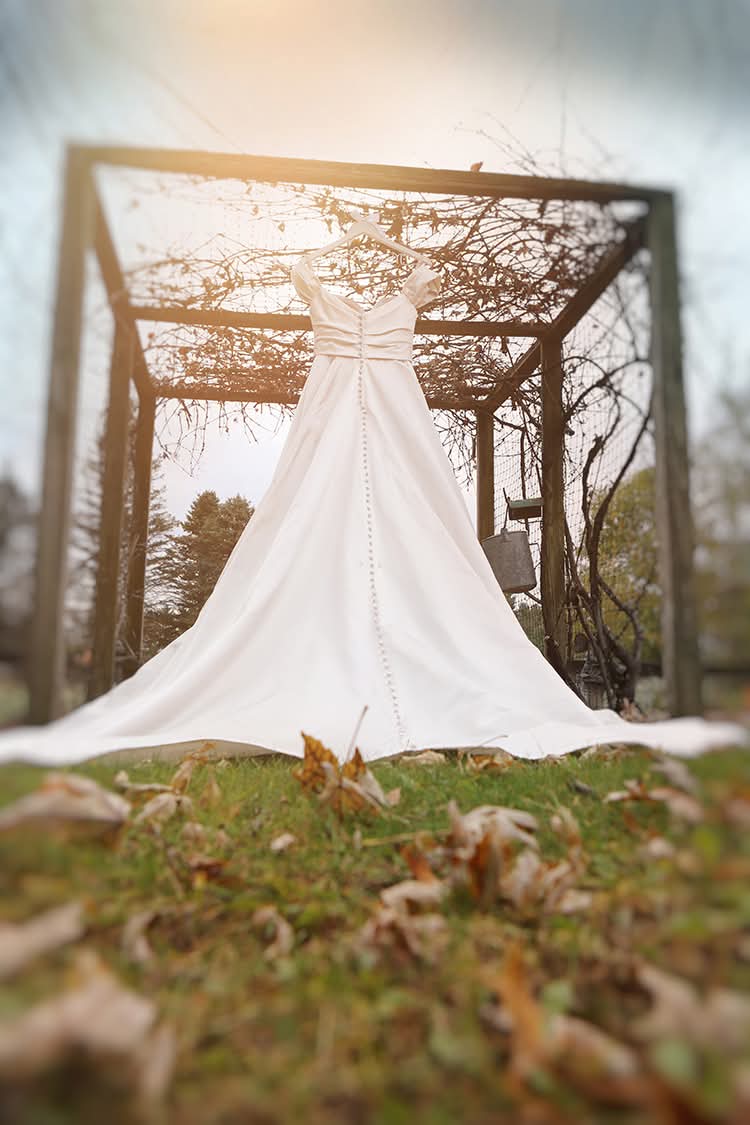 Central Wisconsin wedding venue near Oshkosh at Caribou Bay Retreat – an ivory wedding gown hanging under a rustic vine-covered wooden arbor, photographed from a low angle with leaves scattered on the grass.