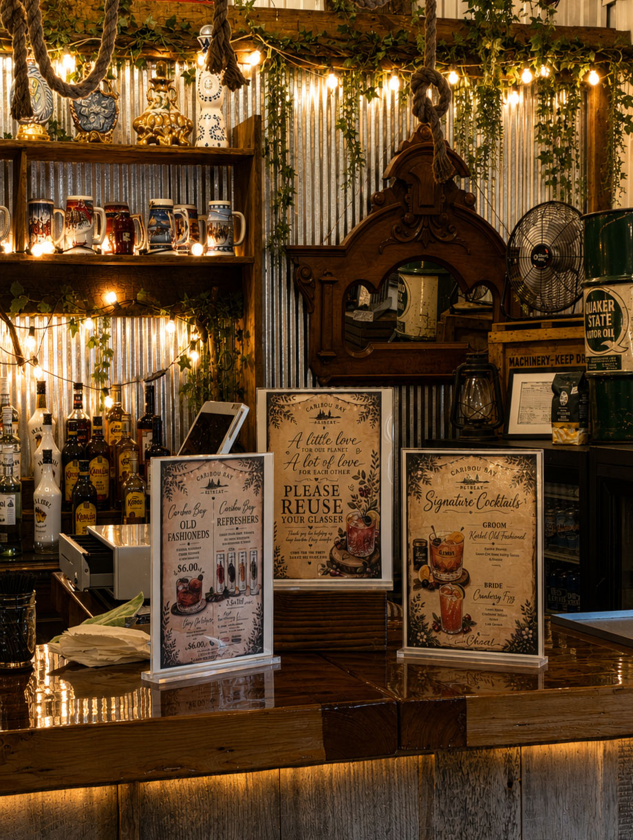 Personalized wedding bar with signature cocktail menus and rustic décor at Caribou Bay Retreat, a premier Central Wisconsin wedding venue.