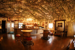 Rustic wedding bar with grapevine ceiling and twinkle lights at Caribou Bay Retreat, a Central Wisconsin wedding venue.